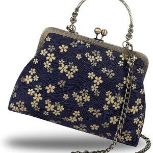 Floral Top-Handle Handbag, Kiss Lock Evening Bag for Women, Vintage Handbag